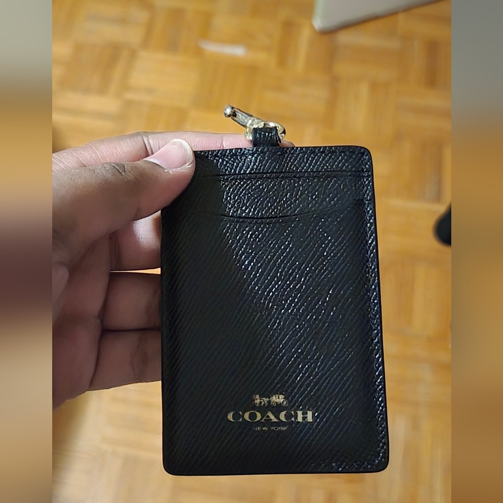 Coach Black Leather TAG Card Holder with Gold Accents